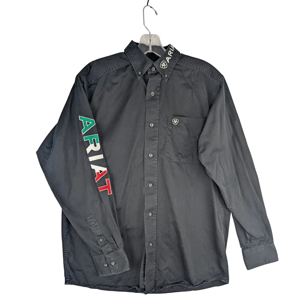 Ariat Team Logo Twill Shirt Mens Small Black Long Sleeve Logo Embroidered Co